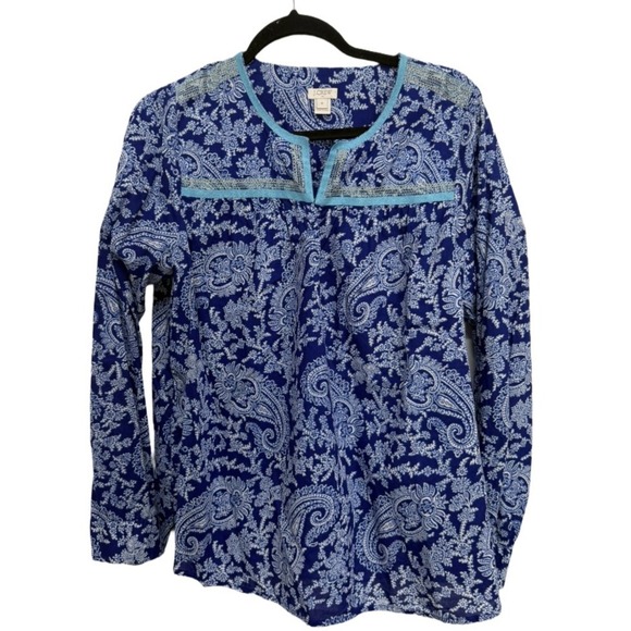J Crew Blue Paisley Print Embroidered Long Sleeve Shirt Blouse Size Medium Boho - Picture 1 of 7